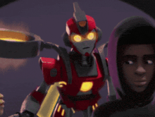 a cartoon of a robot standing next to a man