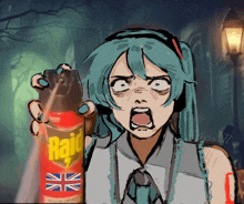 a drawing of hatsune miku holding a raid insect spray