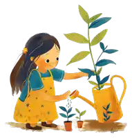 a girl in a yellow dress is watering a plant