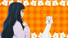 a girl with long black hair is looking at a white cat on an orange plaid background