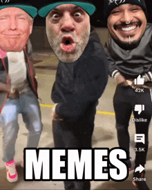 a group of men are dancing with the word memes in the middle