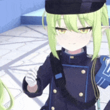 a girl with green hair is wearing a black hat and a blue coat