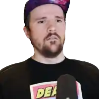 a man with a beard is wearing a black shirt with the word dea on it