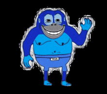 a cartoon of a blue monkey wearing blue shorts and a belt that says loa