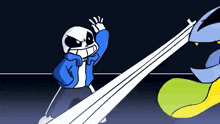 a cartoon of a skeleton holding a sword in his hand while fighting a monster .