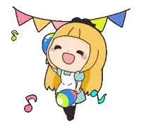 a cartoon drawing of a girl holding balloons and a music note