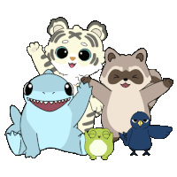 a group of cartoon animals including a tiger a raccoon a frog and a blue bird