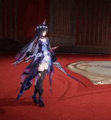 a girl with a horn on her head is standing on a red floor