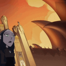 a cartoon drawing of a woman standing in front of a castle with a banner that says ' x ' on it