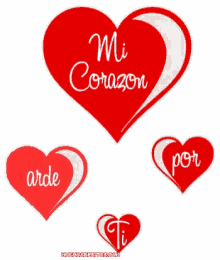 a red heart with the words mi corazon arde por ti written on it