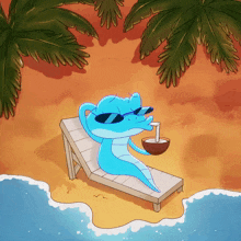 a cartoon of a snake sitting on a beach chair drinking from a coconut
