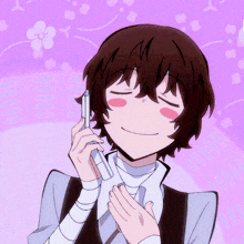 a cartoon character is smiling while talking on a phone