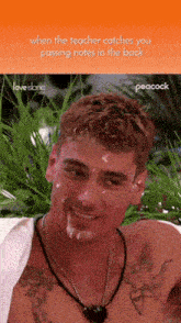a shirtless man with a peacock logo on the bottom left