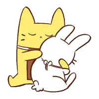 a yellow cat is hugging a white rabbit