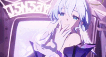 a girl with white hair and blue eyes is standing in front of a sign that says j5n5y