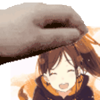 a hand is putting something on a girl 's head in a pixelated image