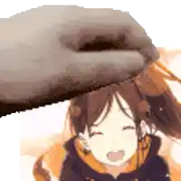 a hand is putting something on a girl 's head in a pixelated image