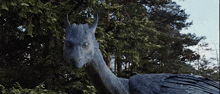 a gray dragon with horns is standing in the woods .