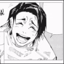 a black and white drawing of a person laughing .