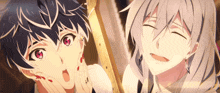 a couple of anime characters are standing next to each other and one has a surprised look on his face