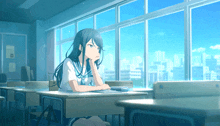a girl sits at a desk in front of a window with a city in the background