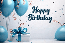a birthday background with blue balloons and a gift box