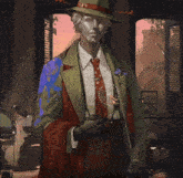 a man in a hat and tie stands in a room