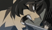 a cartoon character with a sword in his mouth