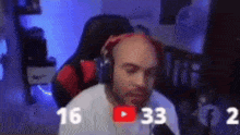 a bald man wearing headphones is sitting in front of a microphone with the number 33 on it .