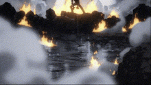 a group of people are standing in front of a fire and smoke
