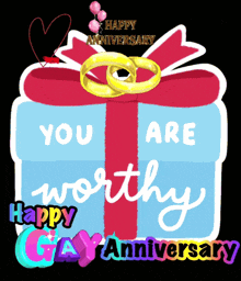a happy gay anniversary sticker with a gift box and wedding rings