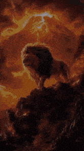 a painting of a lion standing on top of a rocky hill with a volcano in the background