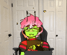 a drawing of a person with pink hair and green skin