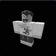 a black and white picture of a roblox character wearing a shirt that says blame john .