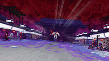 a video game scene with a purple and red background and buildings