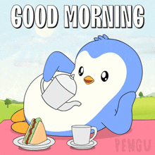 a penguin is pouring tea into a cup next to a sandwich and a cup of coffee