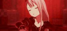 a girl with long white hair is standing in a dark room with a red curtain behind her
