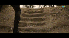 a person is walking down a set of stairs in the dirt