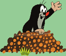 a cartoon mole is standing on top of a pile of wood