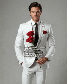 a man in a white suit is holding roses in his pocket