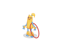 a yellow and blue cartoon character with a hula hoop