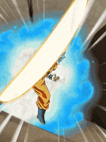 a cartoon character is flying through the air with a beam coming out of his hand
