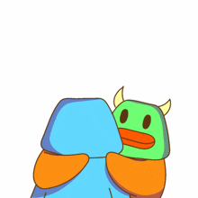 a cartoon of a monster hugging another monster with the words " love you " behind them