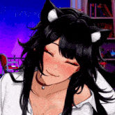 a girl with black hair and white cat ears is smiling