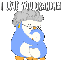 a penguin hugging another penguin with the words " i love you grandma "