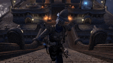 a video game character is standing on a set of stairs in front of a building