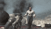 a man in a suit and tie is standing next to a robot motorcycle .