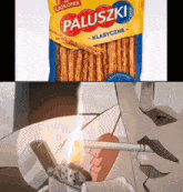 a person is lighting a cigarette next to a bag of paloszki