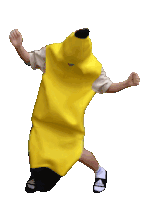 a person in a banana costume is wearing black adidas slides