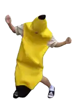 a person in a banana costume is wearing black adidas slides